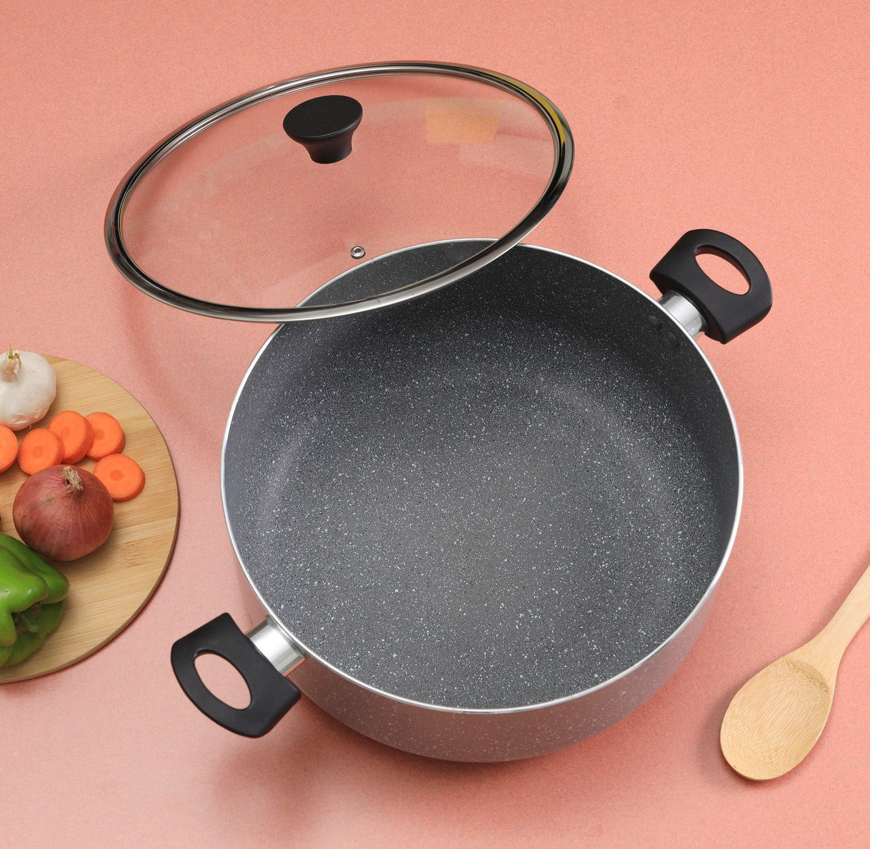 '24CM GraniteCoted Casserole/Glass Lid1X4