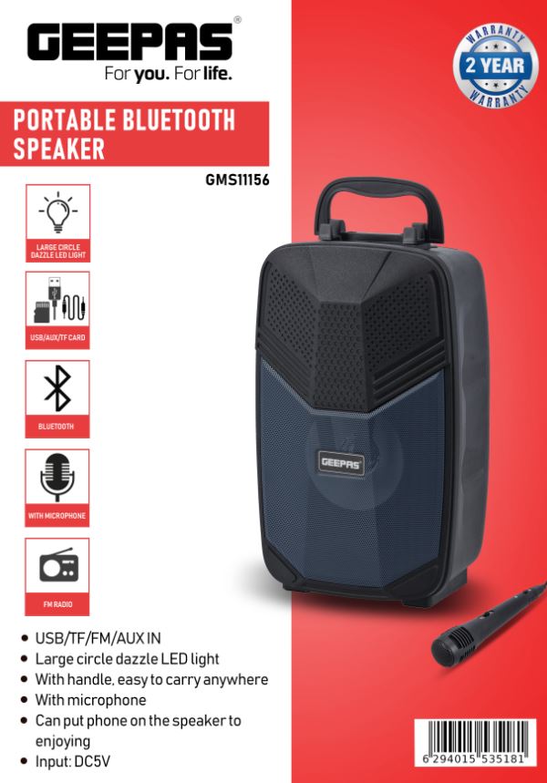 PROFESSIONAL SPEAKER PORTABLE, LED LIGHT, BLUETOOTH WIHT MICROPHONE-GEEPAS-MODEL-GMS11156