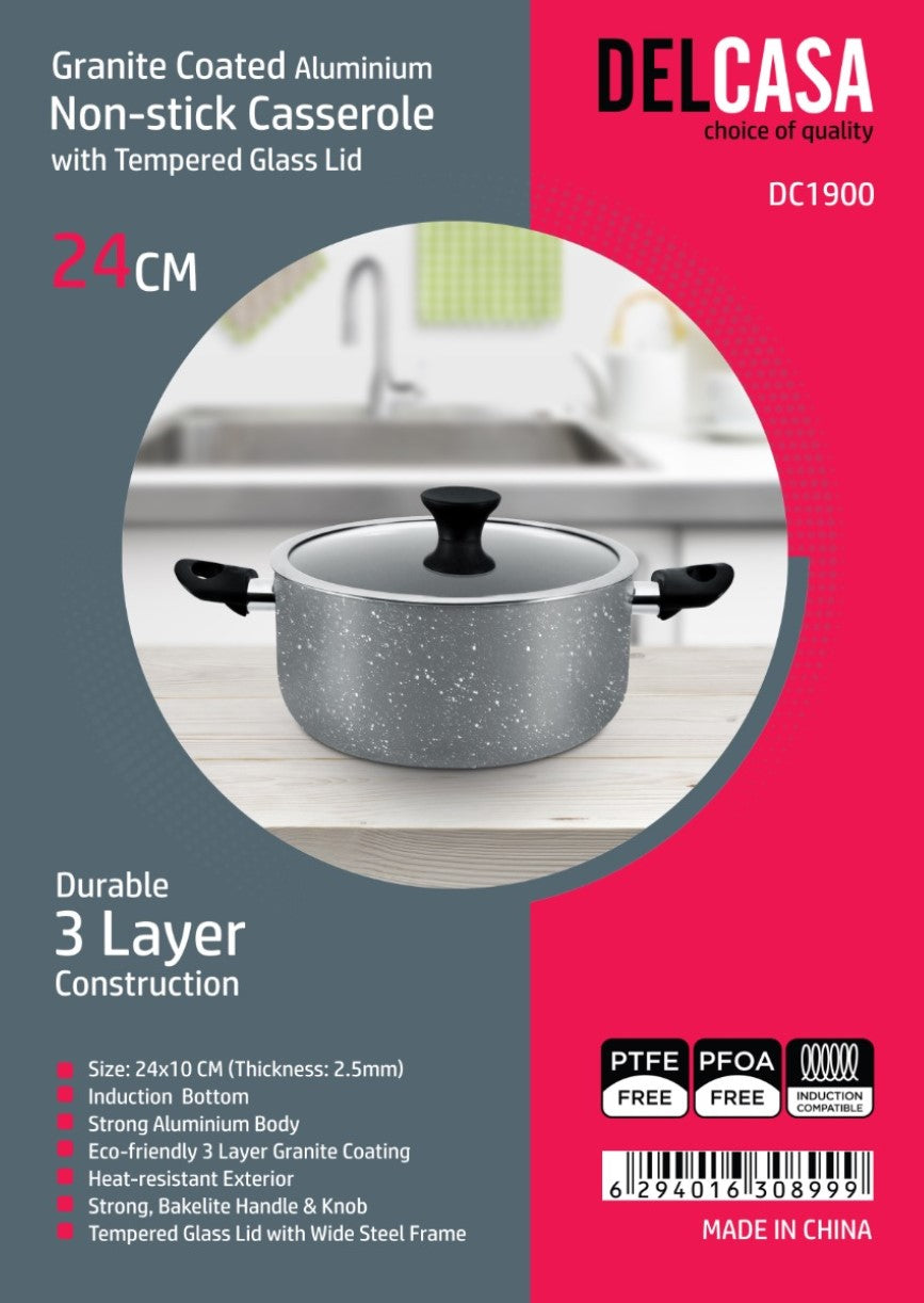 '24CM GraniteCoted Casserole/Glass Lid1X4